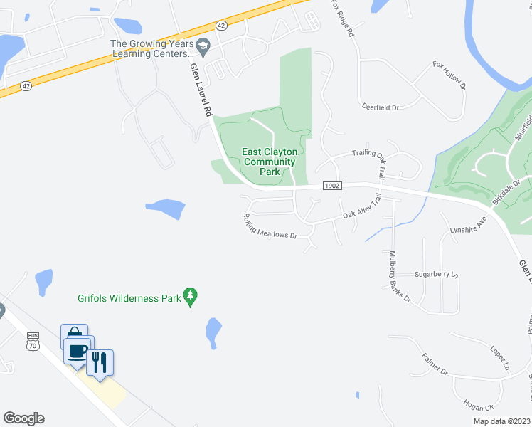 map of restaurants, bars, coffee shops, grocery stores, and more near Green Willow Drive in Clayton