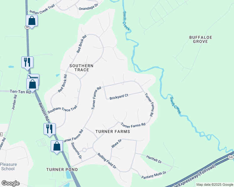 map of restaurants, bars, coffee shops, grocery stores, and more near 5533 Brickyard Court in Garner