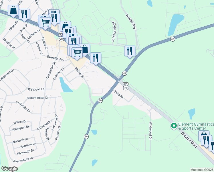 map of restaurants, bars, coffee shops, grocery stores, and more near 1233 Tulip Street in Clayton