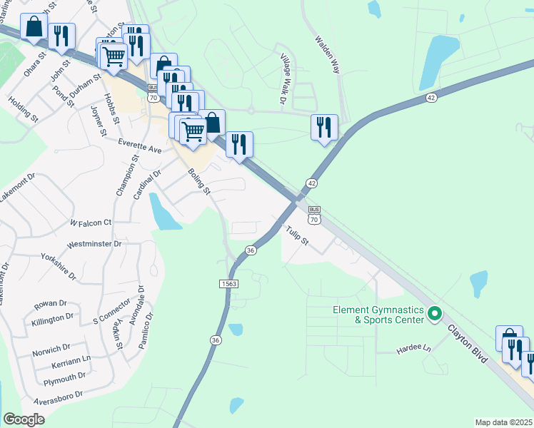 map of restaurants, bars, coffee shops, grocery stores, and more near 1229 Tulip Street in Clayton