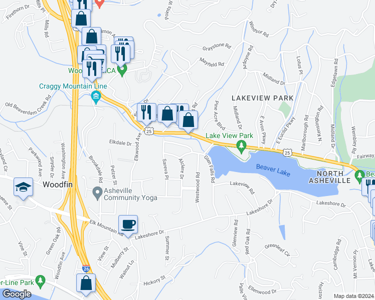 map of restaurants, bars, coffee shops, grocery stores, and more near 10 Carjen Avenue in Asheville
