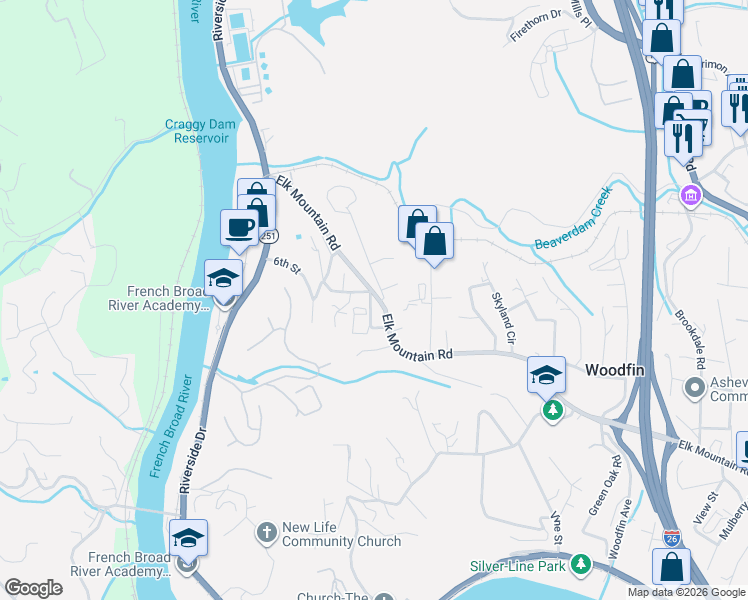 map of restaurants, bars, coffee shops, grocery stores, and more near 12 New Street in Woodfin