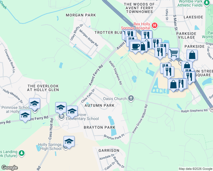 map of restaurants, bars, coffee shops, grocery stores, and more near 740 State Road 1101 in Holly Springs