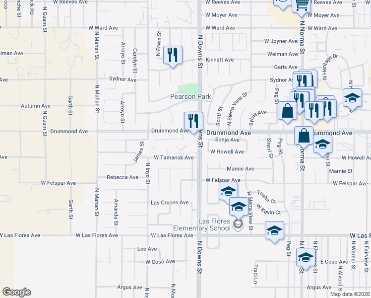 map of restaurants, bars, coffee shops, grocery stores, and more near 801 North Downs Street in Ridgecrest