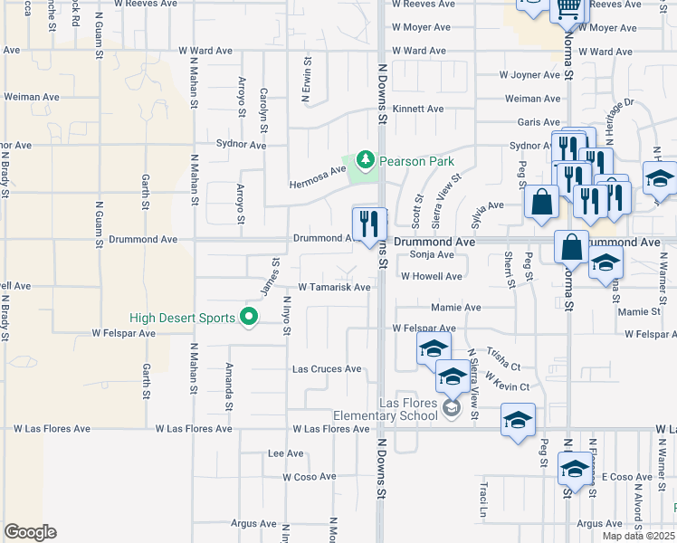 map of restaurants, bars, coffee shops, grocery stores, and more near 801 Capehart Court in Ridgecrest