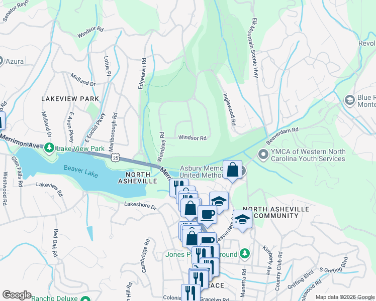 map of restaurants, bars, coffee shops, grocery stores, and more near 66 Fairway Road in Asheville