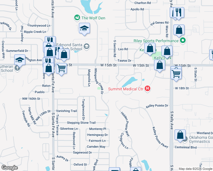 map of restaurants, bars, coffee shops, grocery stores, and more near 1804 Whispering Creek Drive in Edmond