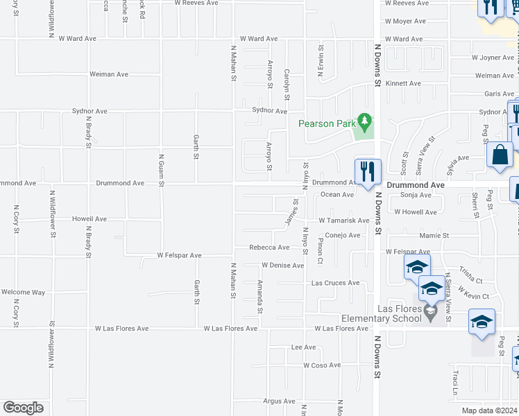 map of restaurants, bars, coffee shops, grocery stores, and more near 1208 West Tamarisk Avenue in Ridgecrest