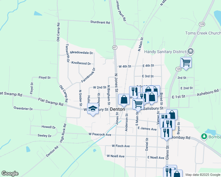 map of restaurants, bars, coffee shops, grocery stores, and more near 170 North Bingham Street in Denton