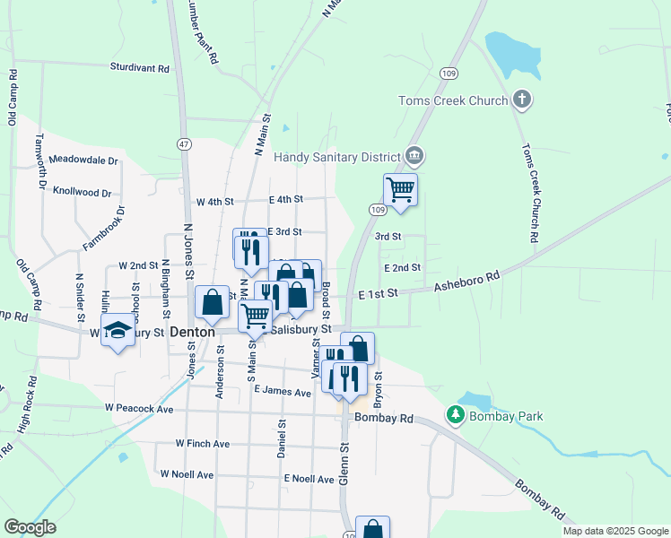 map of restaurants, bars, coffee shops, grocery stores, and more near East 2nd Street in Denton