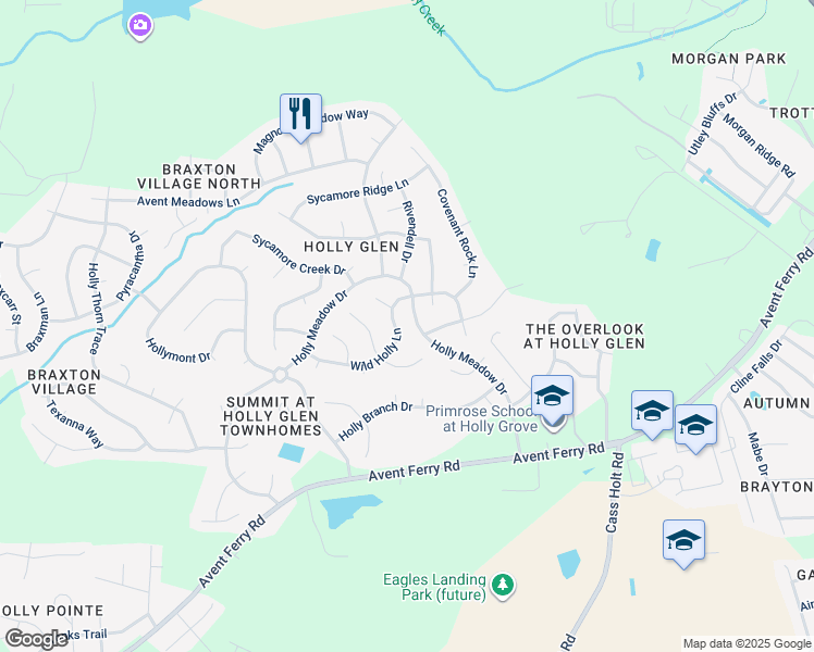 map of restaurants, bars, coffee shops, grocery stores, and more near 209 Wild Holly Lane in Holly Springs