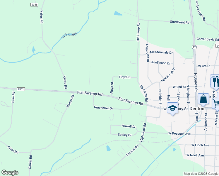 map of restaurants, bars, coffee shops, grocery stores, and more near 101 Floyd Street in Denton