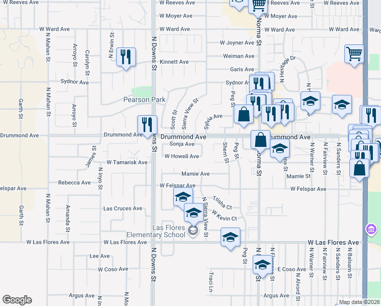 map of restaurants, bars, coffee shops, grocery stores, and more near 707 West Howell Avenue in Ridgecrest