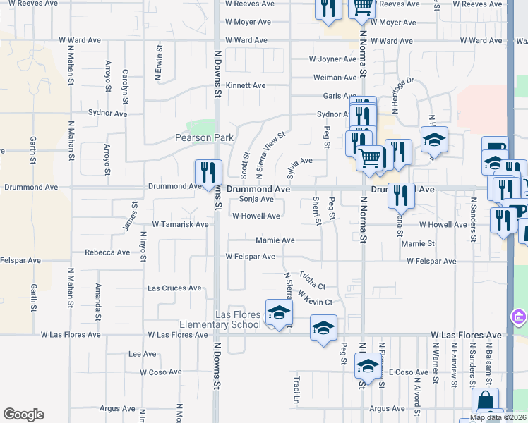 map of restaurants, bars, coffee shops, grocery stores, and more near 807 West Howell Avenue in Ridgecrest