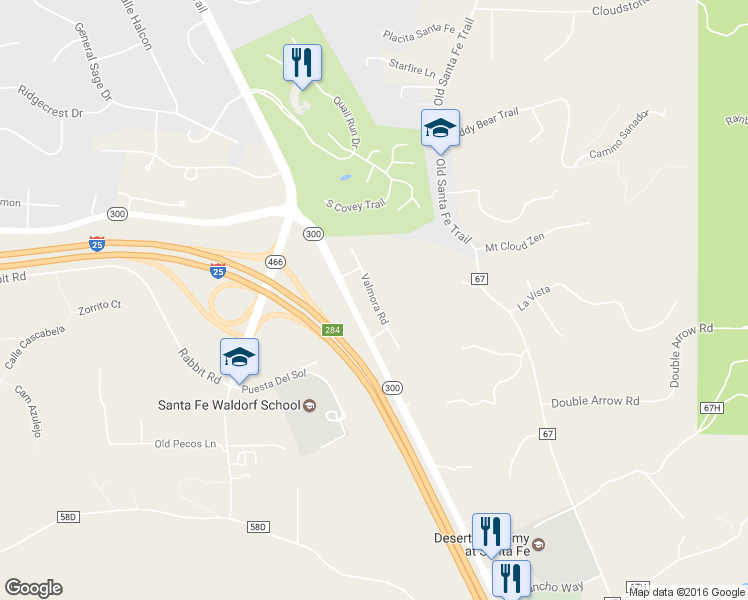 map of restaurants, bars, coffee shops, grocery stores, and more near Valmora Road in Santa Fe