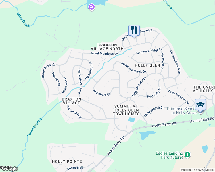 map of restaurants, bars, coffee shops, grocery stores, and more near 129 Roslin Way in Holly Springs