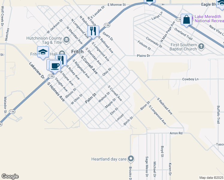 map of restaurants, bars, coffee shops, grocery stores, and more near South Cornell Avenue in Fritch