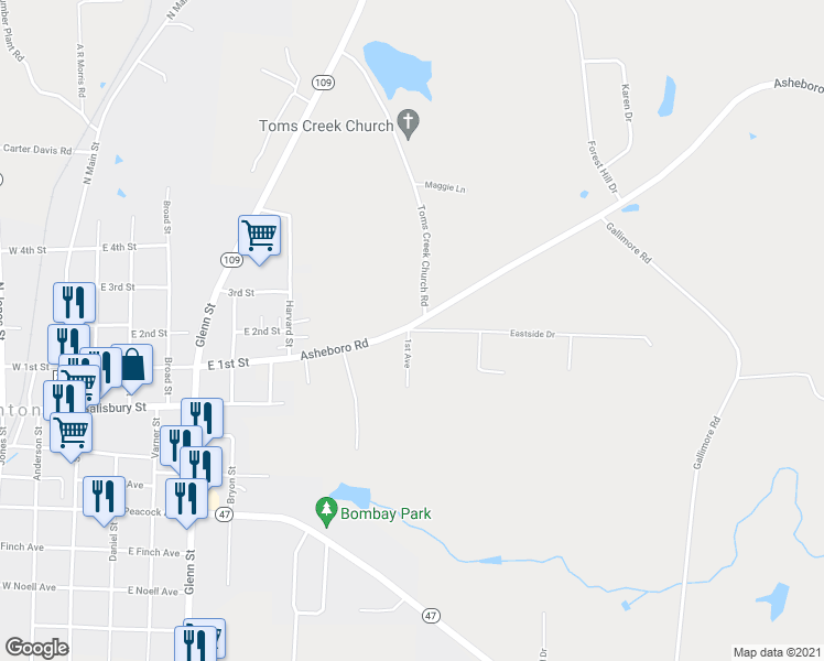 map of restaurants, bars, coffee shops, grocery stores, and more near 101 Eastside Drive in Denton