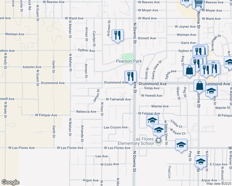 map of restaurants, bars, coffee shops, grocery stores, and more near 801 Capehart Court in Ridgecrest