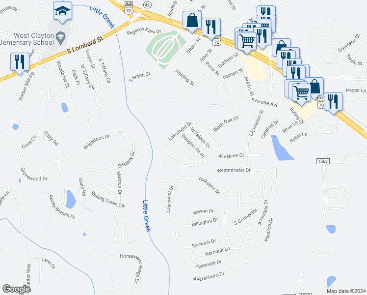 map of restaurants, bars, coffee shops, grocery stores, and more near 97 Balsam Fir Place in Clayton