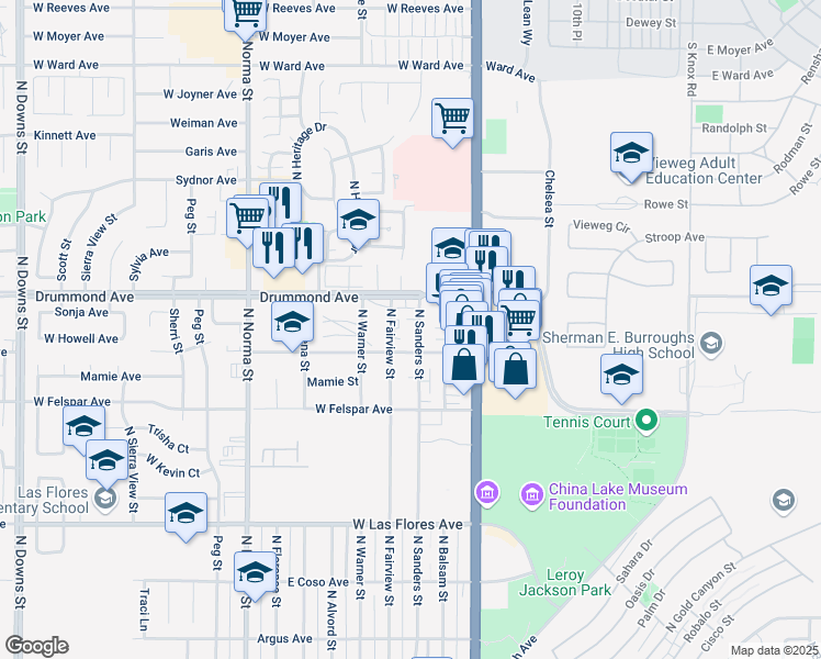 map of restaurants, bars, coffee shops, grocery stores, and more near 800 North Sanders Street in Ridgecrest