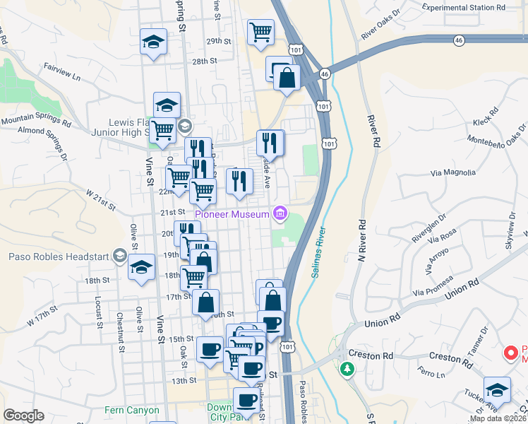 map of restaurants, bars, coffee shops, grocery stores, and more near 1003 20th Street in Paso Robles