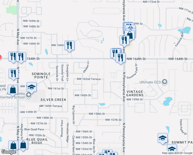 map of restaurants, bars, coffee shops, grocery stores, and more near 2300 Northwest 162nd Terrace in Edmond
