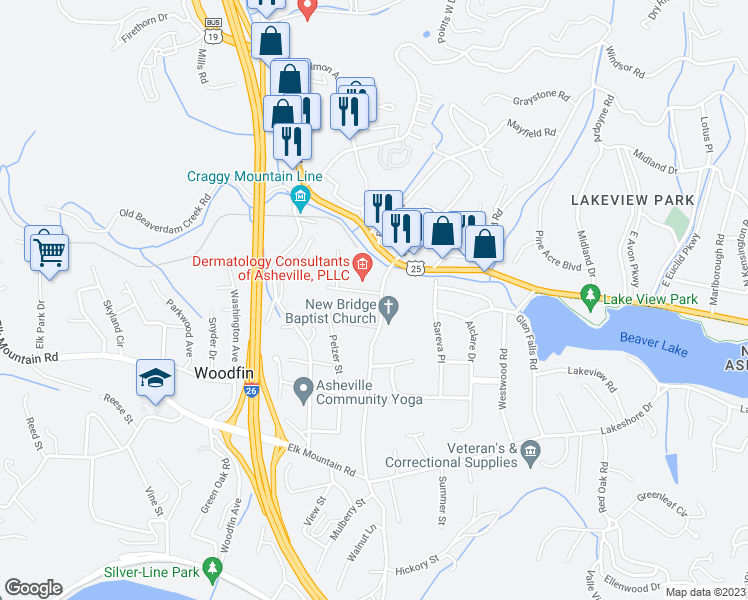 map of restaurants, bars, coffee shops, grocery stores, and more near 1 Elkdale Drive in Woodfin