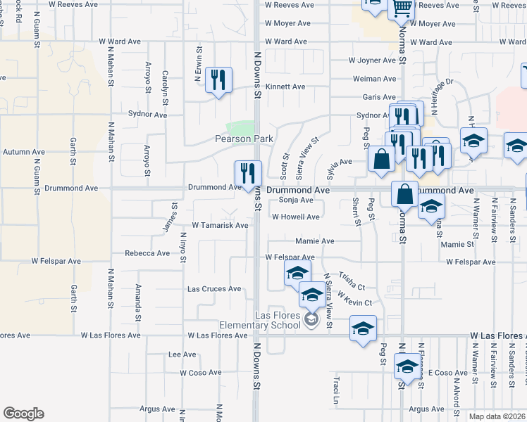map of restaurants, bars, coffee shops, grocery stores, and more near 843 West Howell Avenue in Ridgecrest