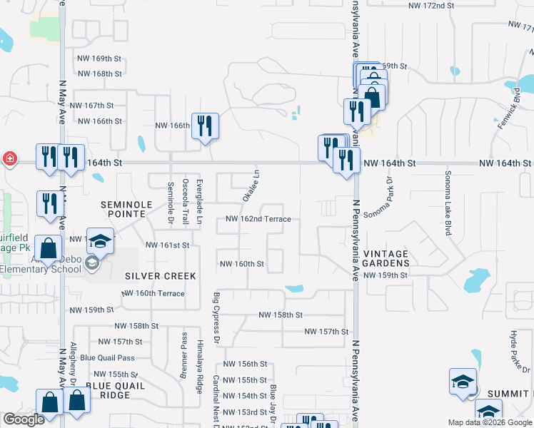 map of restaurants, bars, coffee shops, grocery stores, and more near 2324 Northwest 162nd Terrace in Edmond