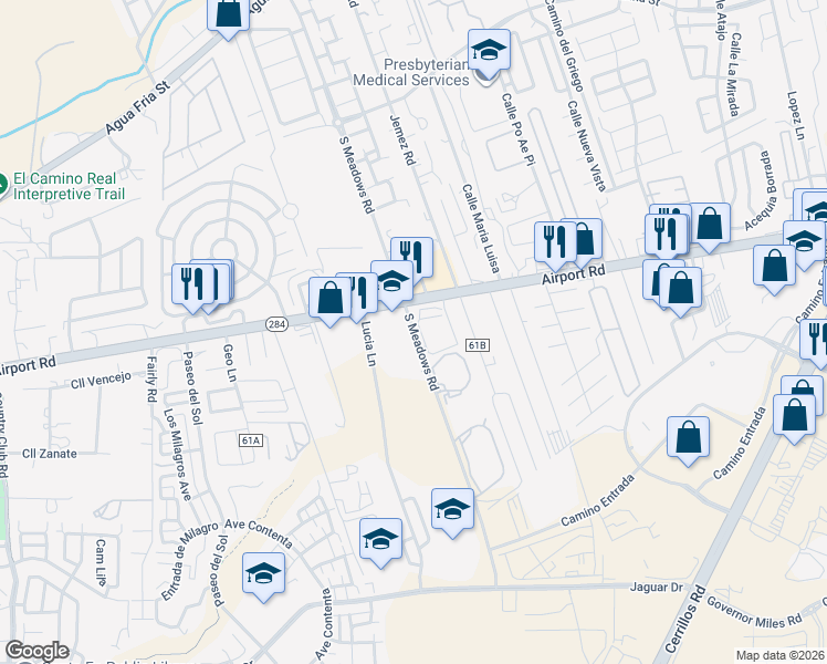 map of restaurants, bars, coffee shops, grocery stores, and more near 4100 South Meadows Road in Santa Fe