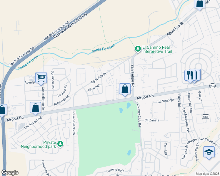 map of restaurants, bars, coffee shops, grocery stores, and more near 6921 Airport Road in Santa Fe
