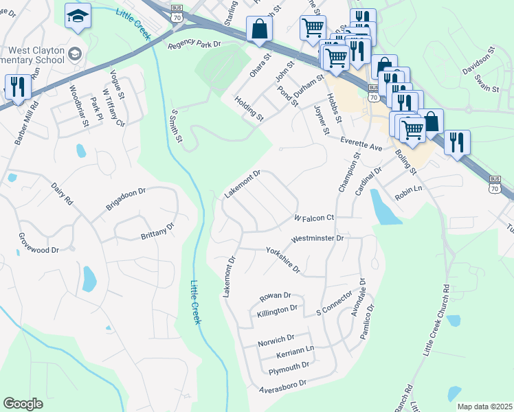 map of restaurants, bars, coffee shops, grocery stores, and more near 92 Douglas Fir Place in Clayton
