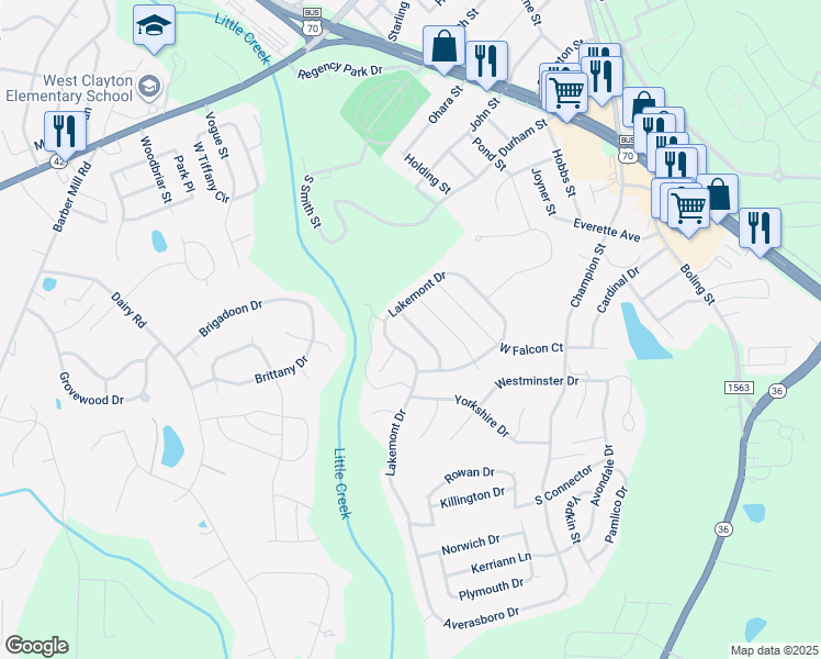 map of restaurants, bars, coffee shops, grocery stores, and more near 64 Balsam Fir Place in Clayton