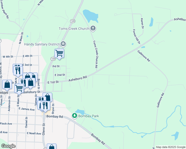 map of restaurants, bars, coffee shops, grocery stores, and more near 1st Avenue in Denton