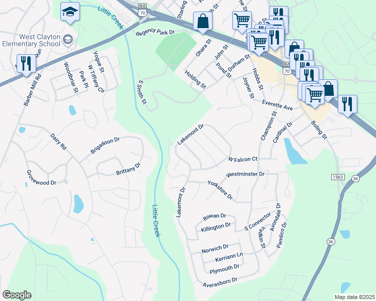 map of restaurants, bars, coffee shops, grocery stores, and more near 64 Balsam Fir Place in Clayton