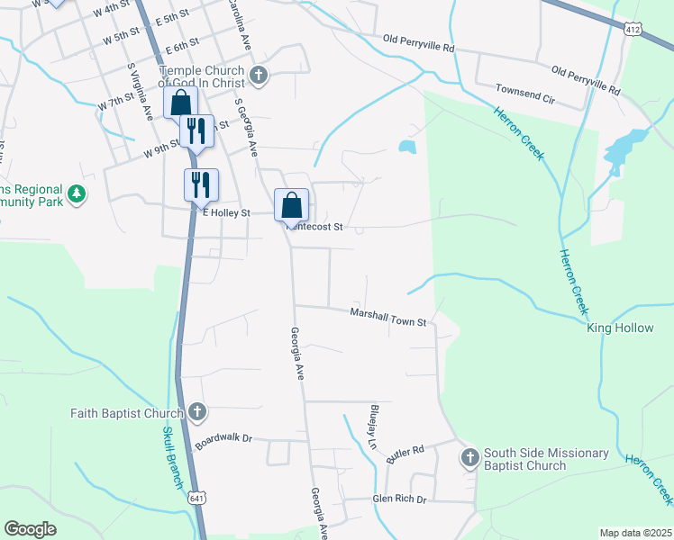 map of restaurants, bars, coffee shops, grocery stores, and more near 85 Mississippi Avenue in Parsons