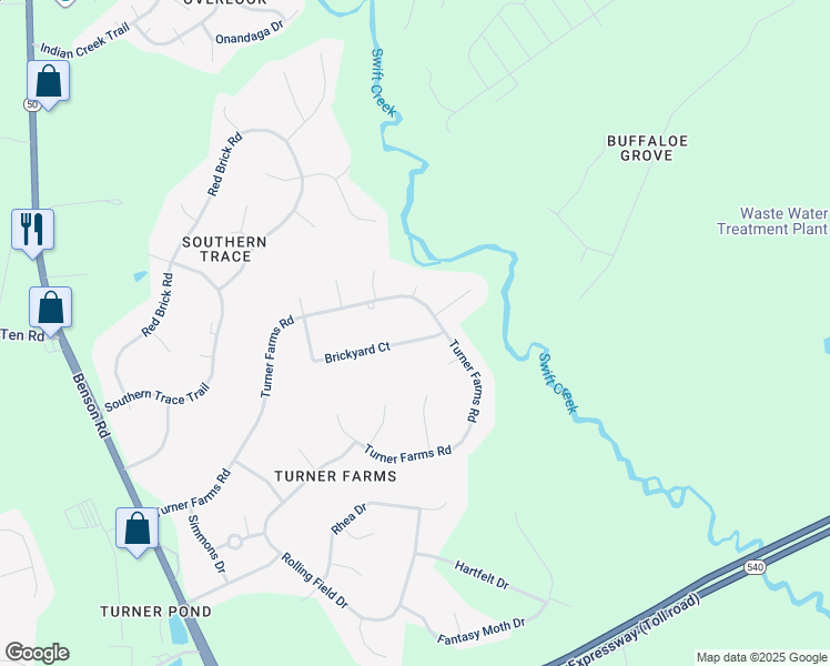 map of restaurants, bars, coffee shops, grocery stores, and more near 5557 Brickyard Court in Garner