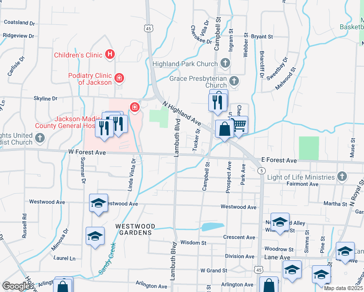map of restaurants, bars, coffee shops, grocery stores, and more near 435 West Forest Avenue in Jackson