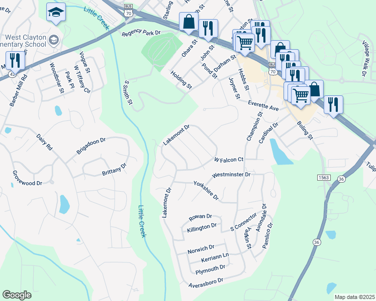 map of restaurants, bars, coffee shops, grocery stores, and more near 92 Douglas Fir Place in Clayton