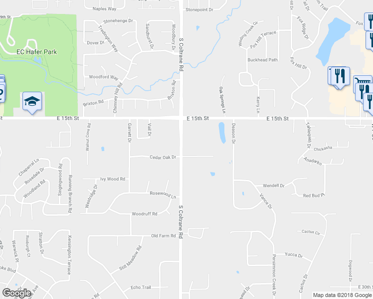 map of restaurants, bars, coffee shops, grocery stores, and more near 2901 Cedar Oak Drive in Edmond