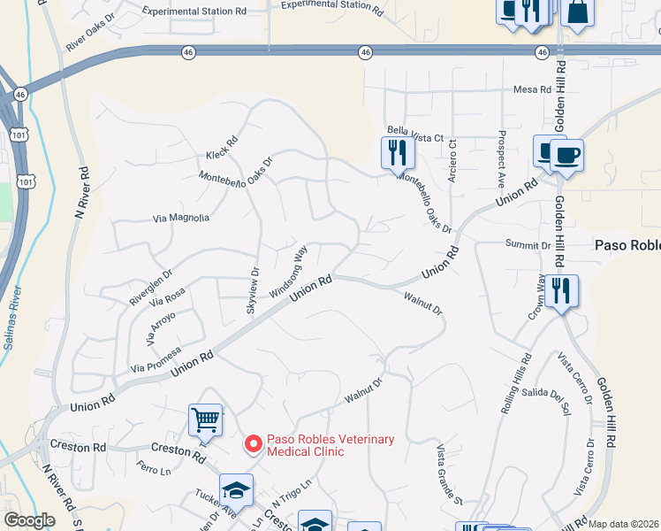 map of restaurants, bars, coffee shops, grocery stores, and more near 1631 Kleck Road in Paso Robles