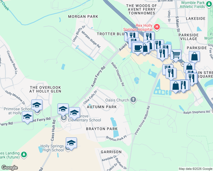 map of restaurants, bars, coffee shops, grocery stores, and more near 109 Jasper Point Drive in Holly Springs