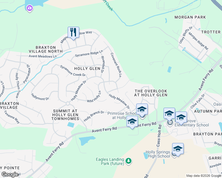 map of restaurants, bars, coffee shops, grocery stores, and more near 104 Hickory Glen Lane in Holly Springs
