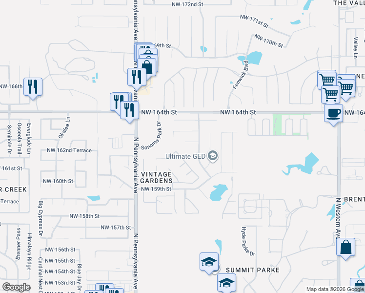 map of restaurants, bars, coffee shops, grocery stores, and more near 1708 Northwest 161st Circle in Edmond