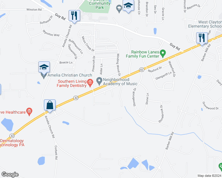 map of restaurants, bars, coffee shops, grocery stores, and more near 78 Westwood Place in Clayton