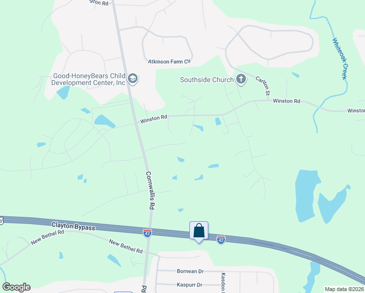 map of restaurants, bars, coffee shops, grocery stores, and more near 6588 Cornwallis Road in Garner