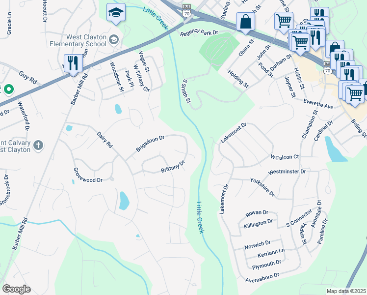 map of restaurants, bars, coffee shops, grocery stores, and more near 2913 Brittany Drive in Clayton