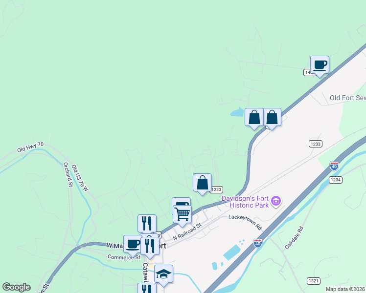 map of restaurants, bars, coffee shops, grocery stores, and more near 40 Logan Street in Old Fort