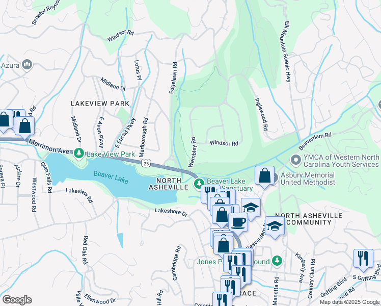 map of restaurants, bars, coffee shops, grocery stores, and more near 17 Wembley Road in Asheville